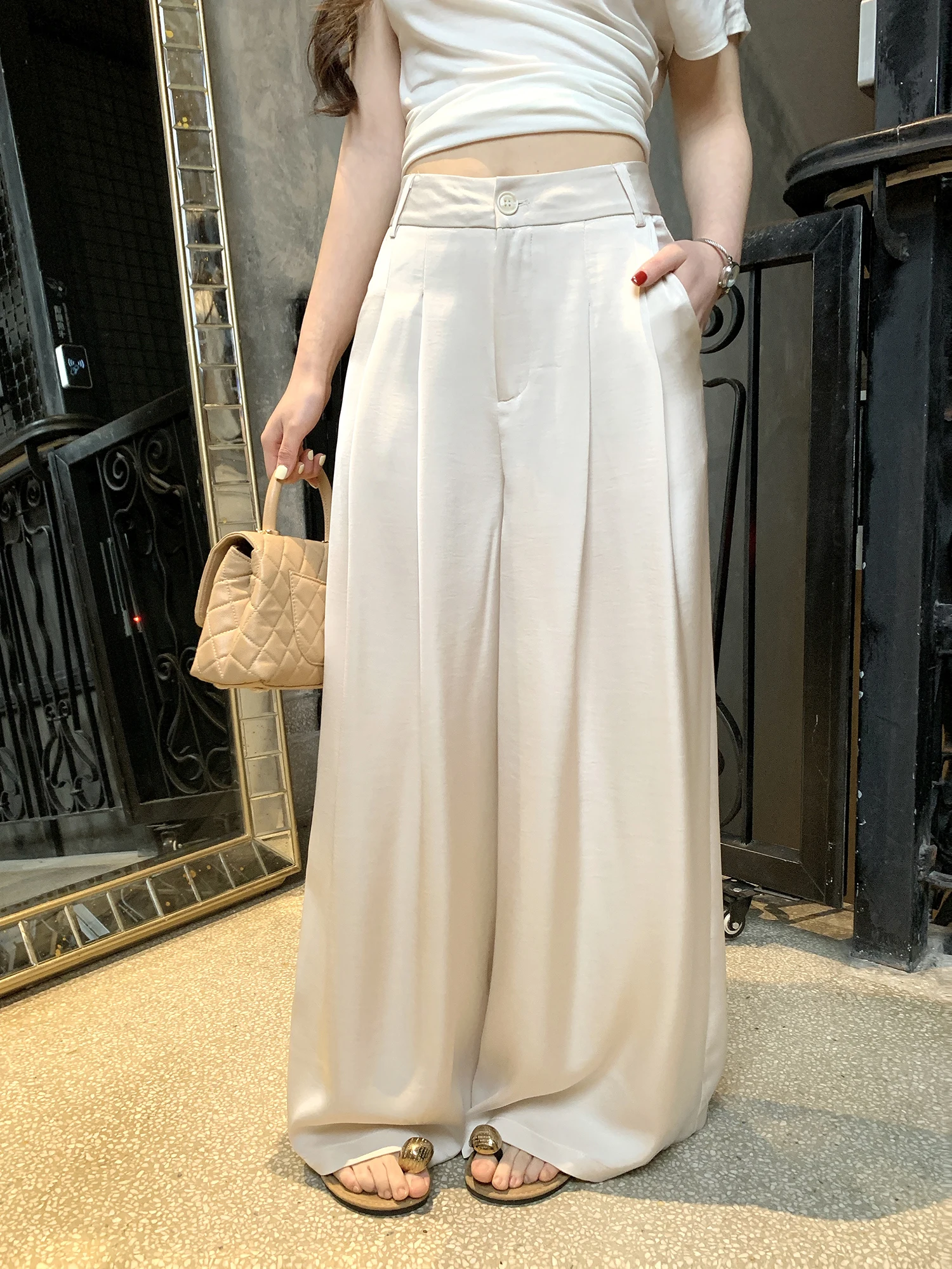 

Withmxboom Grey Wide Leg Casual Pants Women Loose Slimming Simple Floor-Length Straight Leg Trousers Spring Season