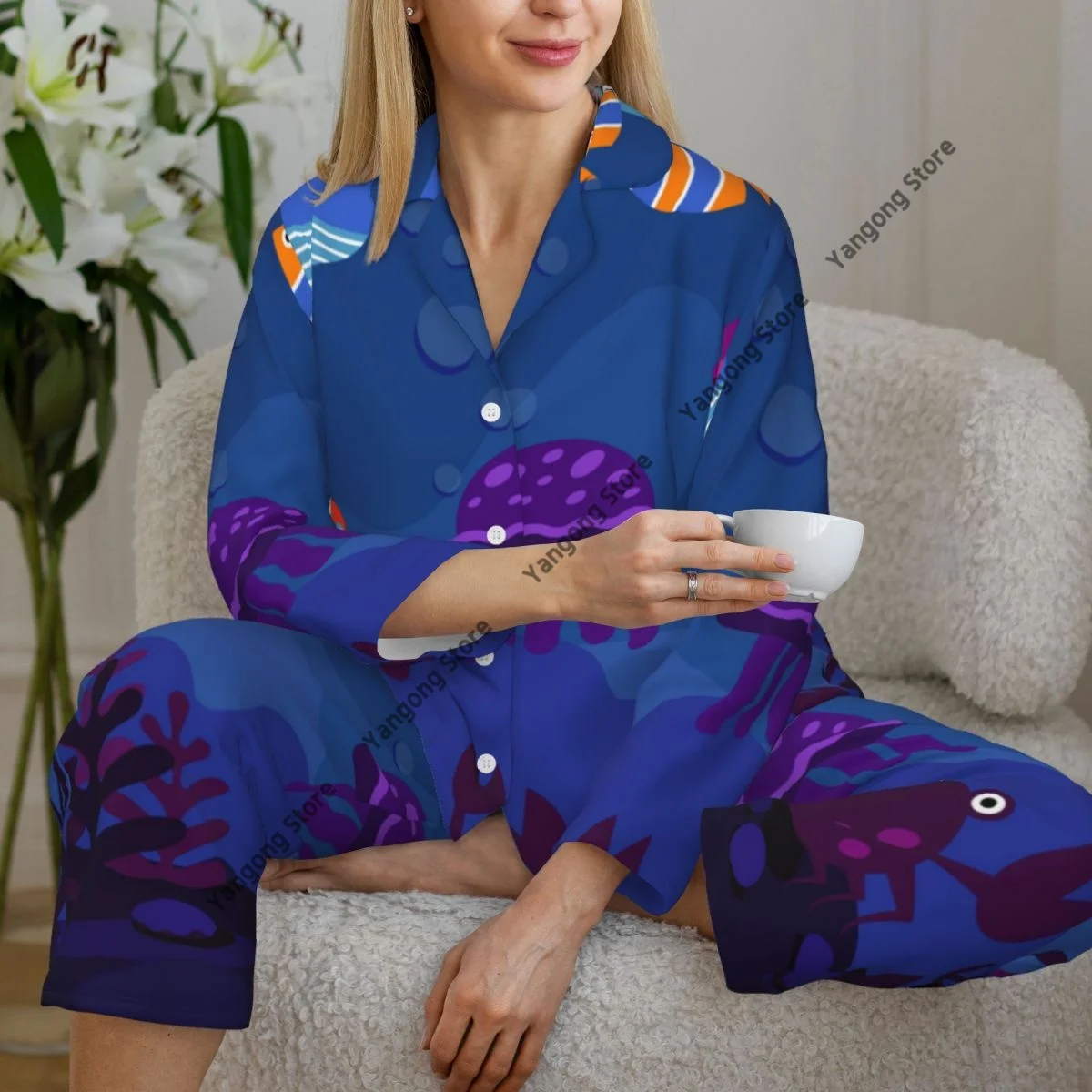 Women Sleepwear Loungewear Underwater World Sea Fish Aquarium Whale Long Sleeve Lapel Neck Shirt Elastic Waist Pants Pajamas Set