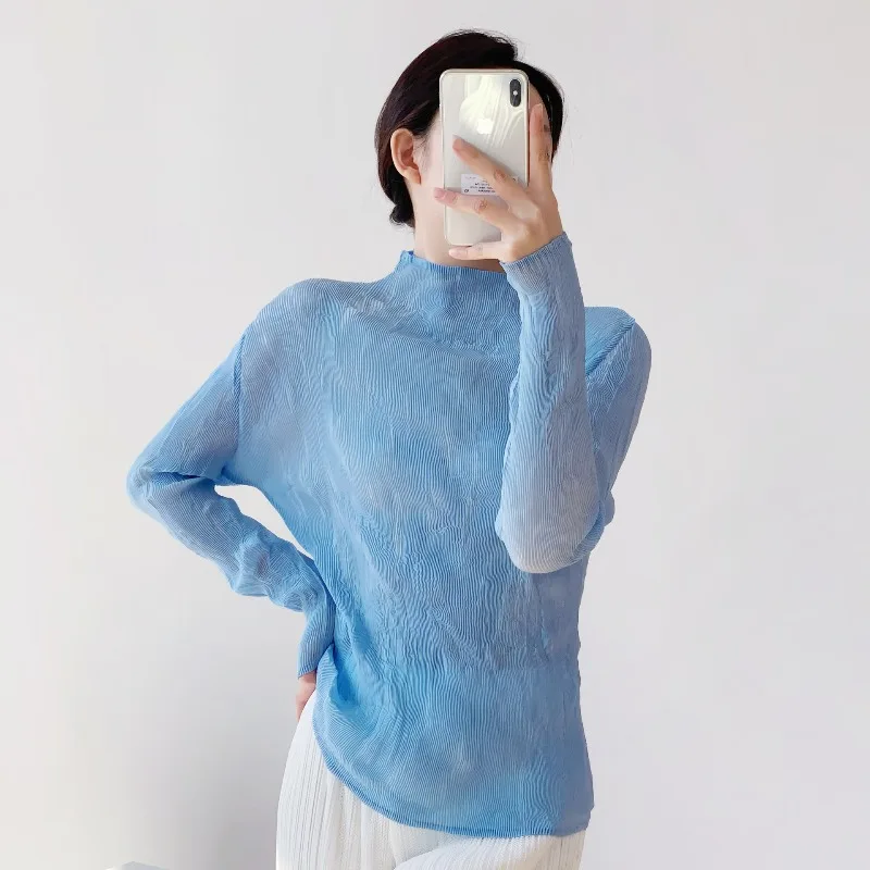 

Pleated Women's Wicker T-Shirt Top Femininity Semi-turtleneck Slim-fit Design Fashion Versatile Bottom Shirt