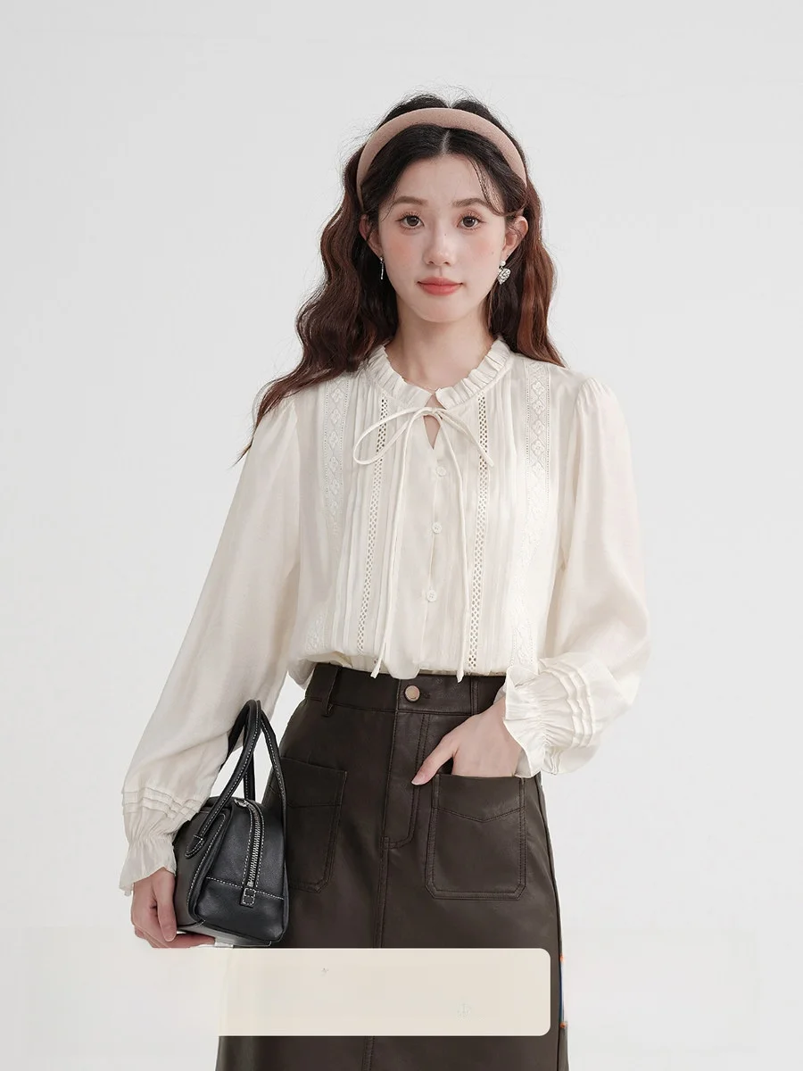 

Ele Long Sve Women's irt Spring Autumn 2025 New Design Chic Inner Wear Wooden French Sle Straight Cut Top