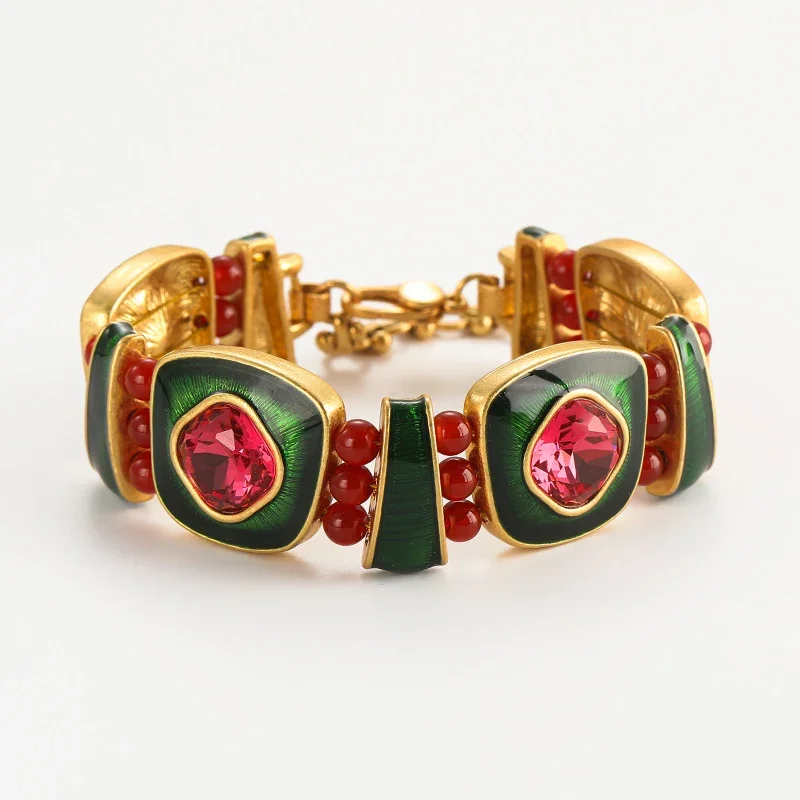 Vintage Fashion Crystals Pink Bangle Bracelet Thick Charm Green Enamel Sugar Cubes Accessories Woman Jewelry Luxury Retro Outfit