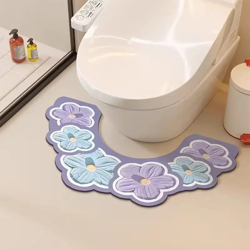 VIKAMA Oil Painting Floral U-Shaped Floor Mat, Artistic Flower Print Non-Slip Rug, Absorbent Toilet Mat for Bathroom Decor