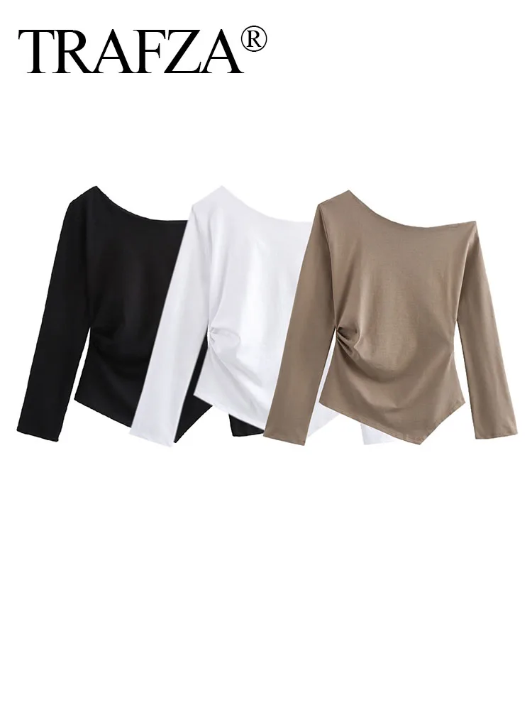 

TRAFZA Elegant Woman Solid Side Zipper Pleated Decoration Casual Slim Top Spring Women Folds Asymmetrical Slant Collar Tops