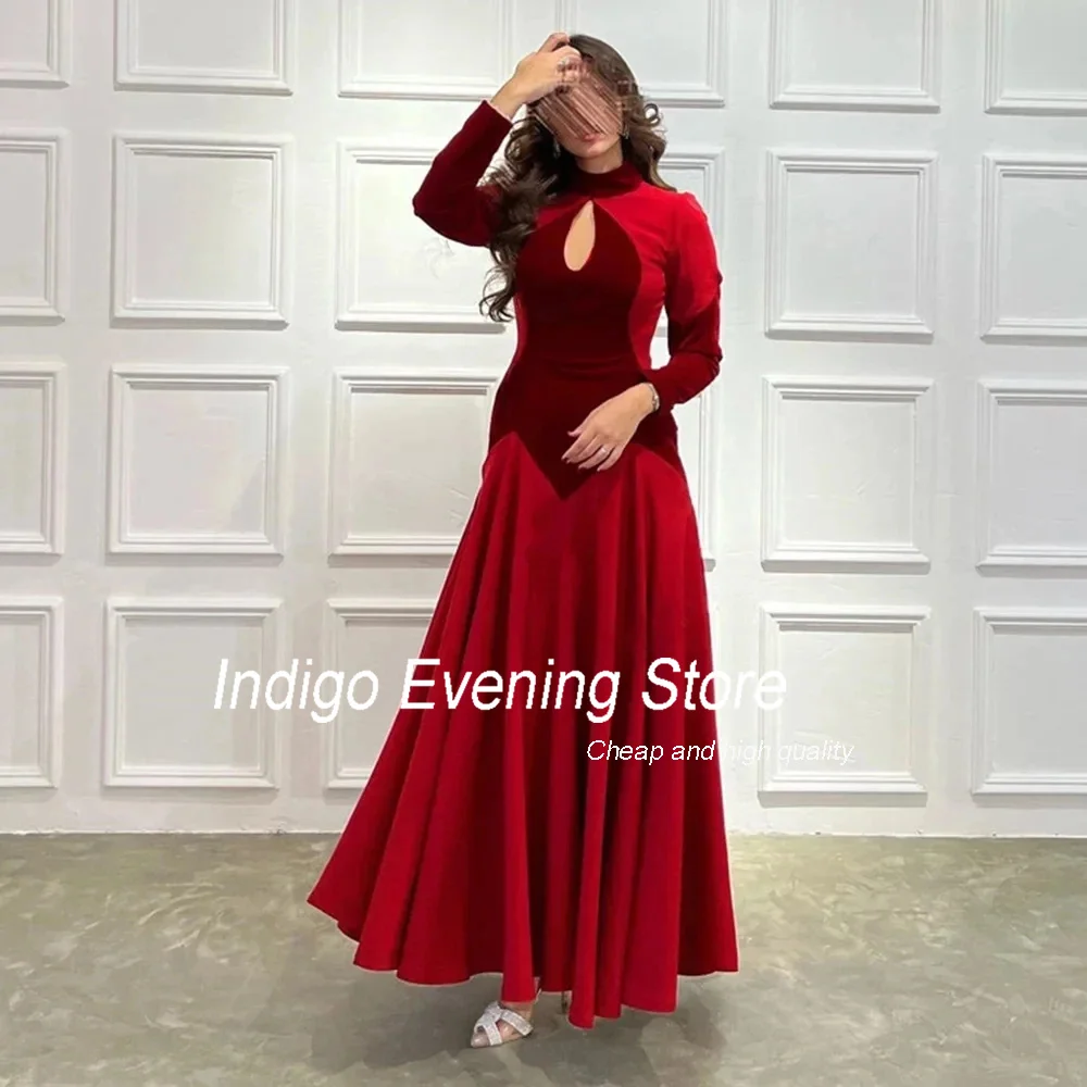 Indigo Prom Dress A-Line Long Sleeve HIgh Collar Pleat Ankle-Length Satin Zipper Back Elegant Evening Gowns For Women فساتين الس