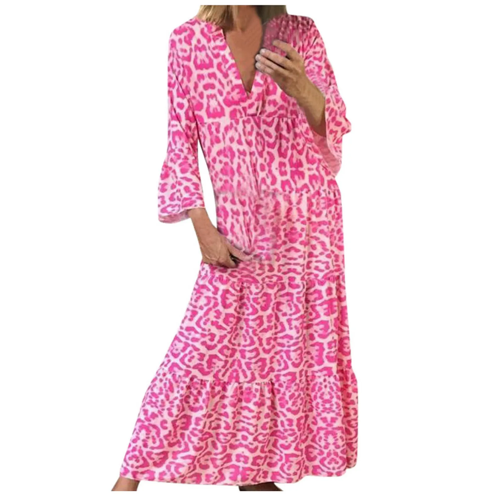 Vestido largo bohemio con estampado de leopardo para mujer, traje holgado, elegante y Sexy, para playa y verano