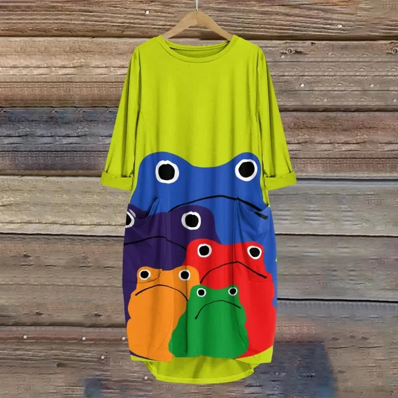 Abito con Stampa Arcobaleno a Cascata e Rane Giapponesi, Vestito con Collo Tondo e Tasche a Pipistrello, Pullover Oversize da Donna