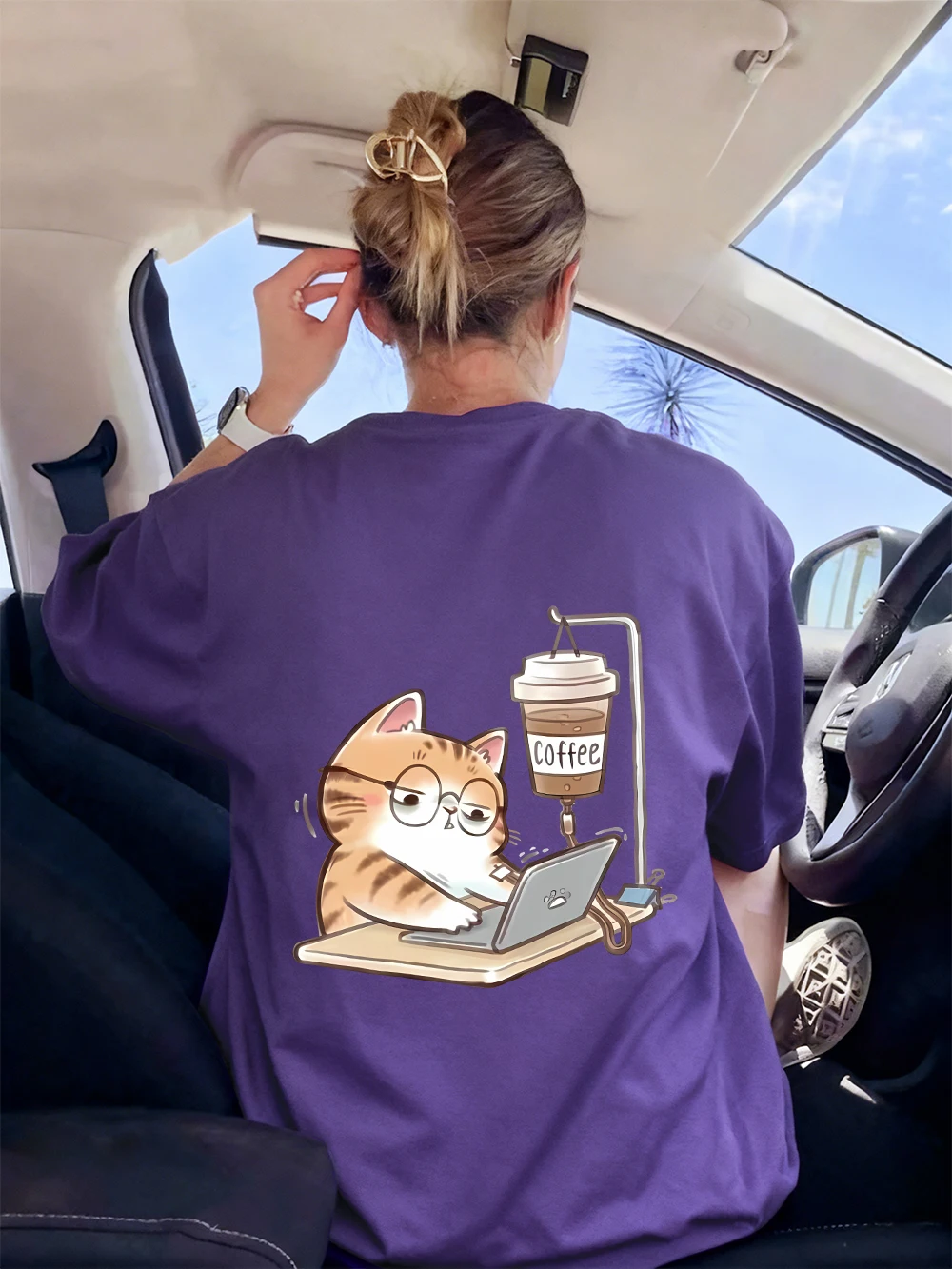 

Work Cats With Coffee Prints T-Shirt Womens Summer Soft Short Sleeve T Shirts Loose O-Neck Tops Casual All-Match Woman Clothes