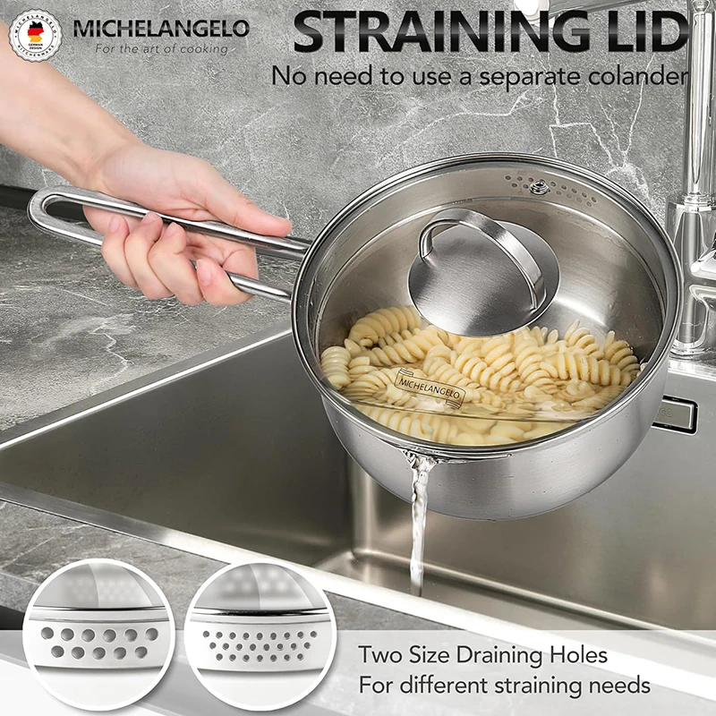 

MICHELANGELO Stainless Steel Saucepan with Lid & Pour Spout 1QT/2QT/3QT Nonstick Milk Pot Sauce Pan Tri-Ply Bottom Sauce Pot