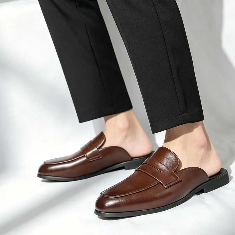 Summer Fashion New Men's Brown Half Slippers Large Size Leather Open-back Casual Shoes Male Mules Moccasins Breathable Loafers