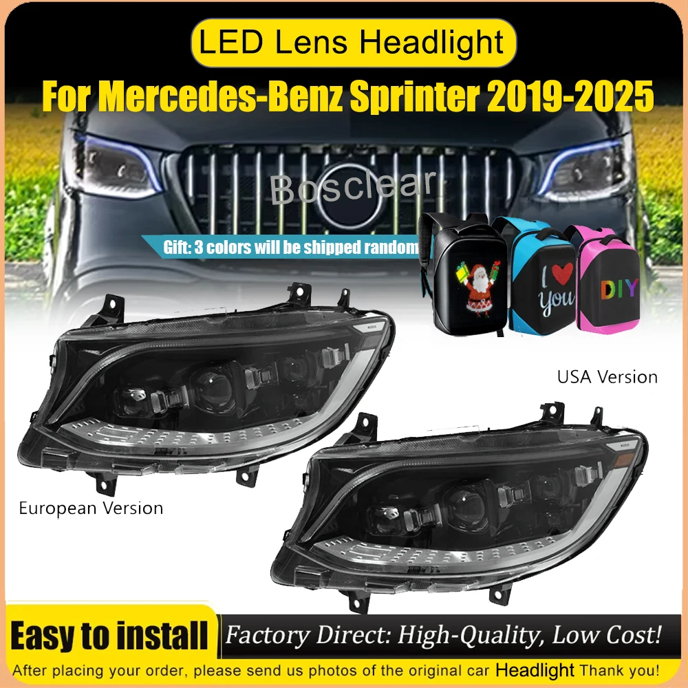 For 2018-2025 Mercedes Sprinter W907 Automatic 2pcs Headlights Car Front Lamp Assembly Upgrade S-Class Style LED Projection Lens