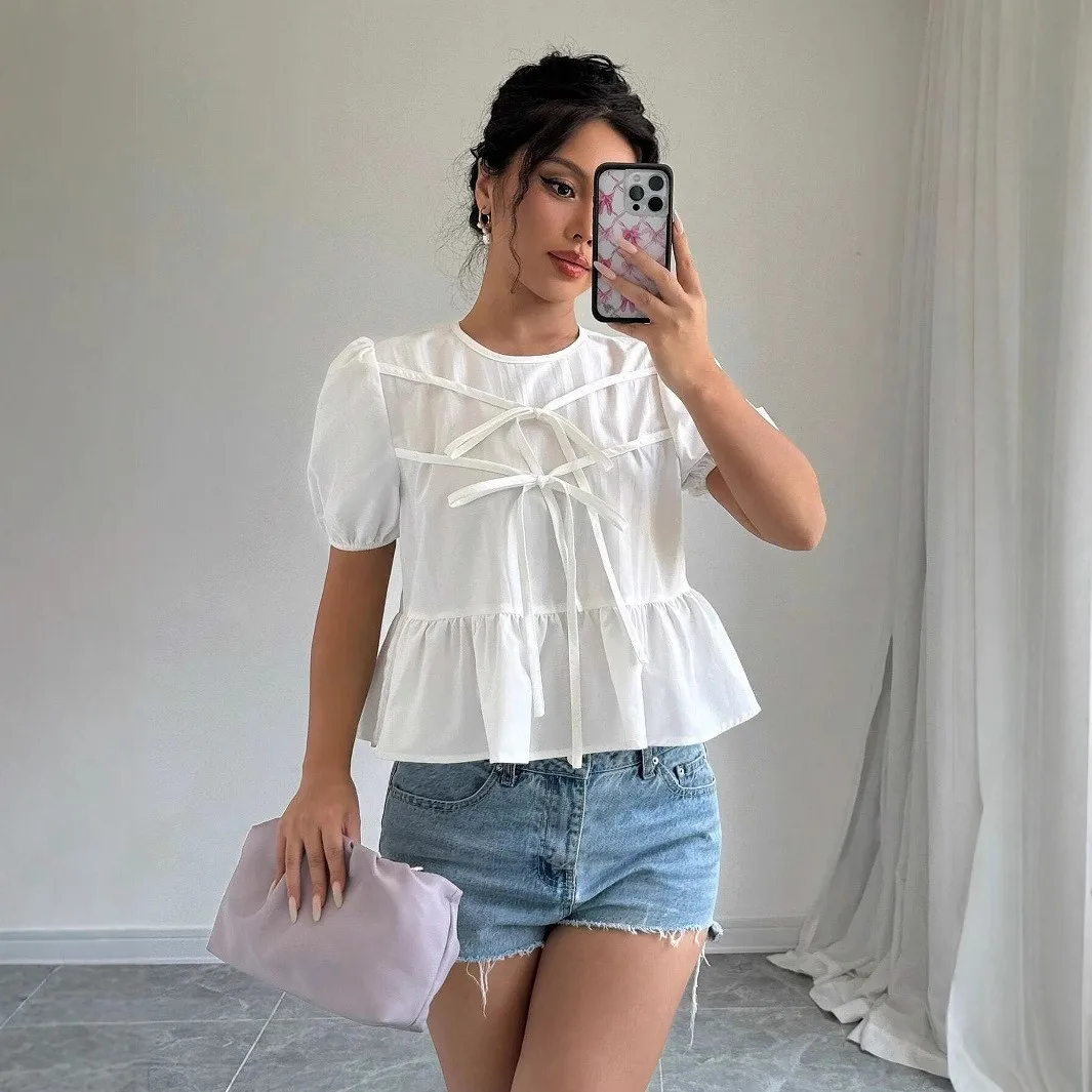 Fashionable Ladies' Shirt with Belt Bubble Sleeves Leopard Print Hollow out Design Short Length Korean Style Top for Women