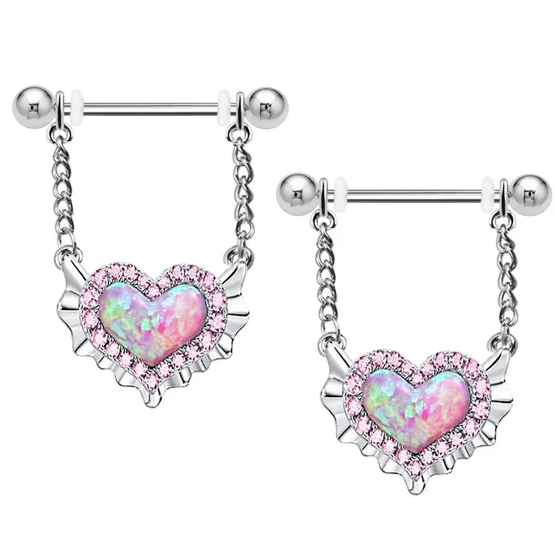 Pink Navel Belly Button Rings Women Opal Heart Nose Clip Lip Labret Piercing Helix Screw Earring Stud Cartilage Conch Piercing