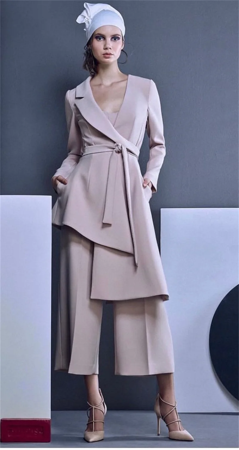 Champagne Women Suits Set 2 Pieces Irregular Hem Blazer With Belt Wide Leg Pants Custom Made Office Lady Formal Party Prom Dress