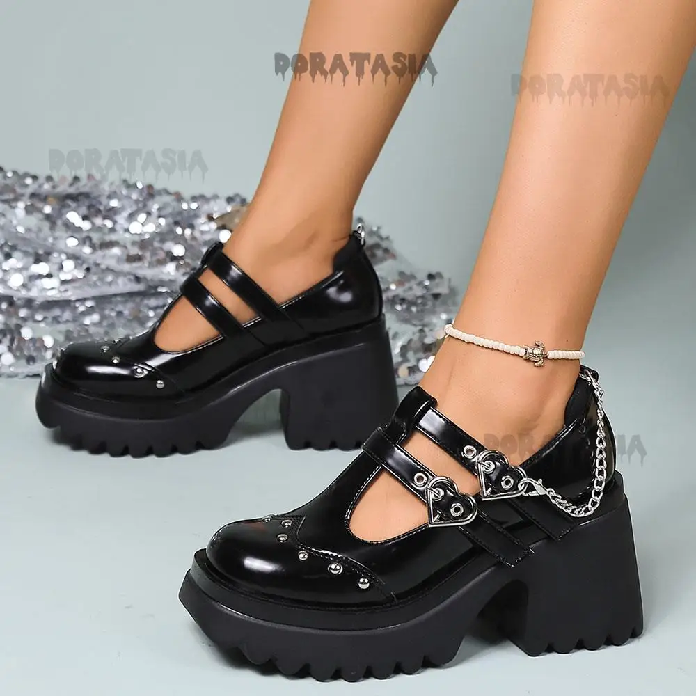 Goth Cool Girl Med Heeled Mary Janes Vintage Chain Buckle T Starp Casual Women Shoes Chunky Rivet Punk Fashion Shoes For Women