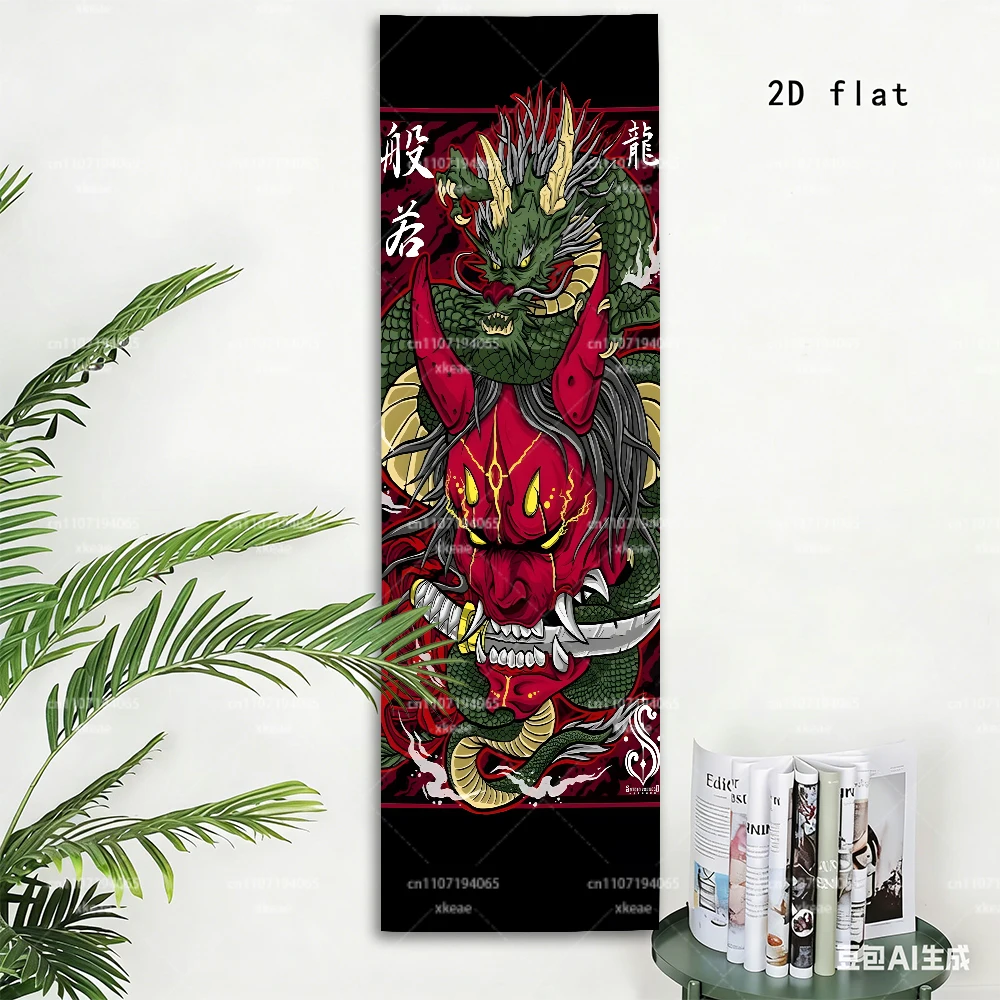 Japanese Oni Hannya Dragon Vertical Tapestry, Asian Traditional Wall Hanging, Samurai Demon Mask Art Poster, Home Bedroom Dorm