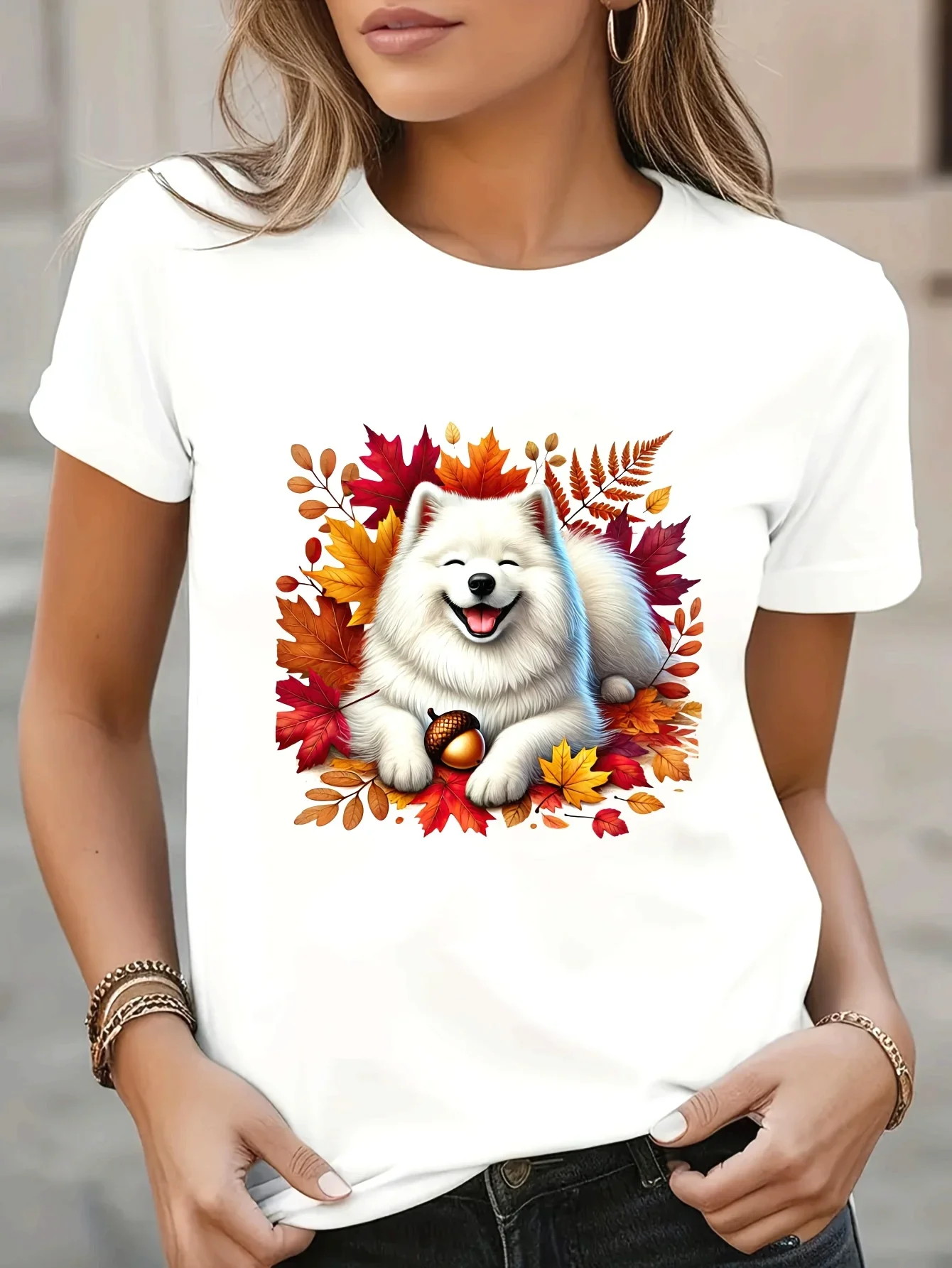 Cute Samoyed Dog Fall Leaves Graphic T Shirt Vibrant Autumn Leaves Acorn Design Crew Neck Sleeve Blend Perfect for Spring