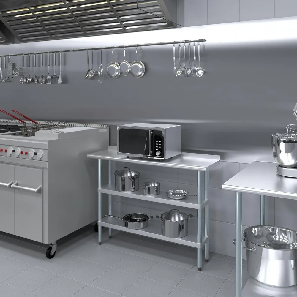 Stainless Steel Work Table with 1.5" Backsplash and 2 Shelves Metal Kitchen Food Prep Table 48" Long x 14" Deep