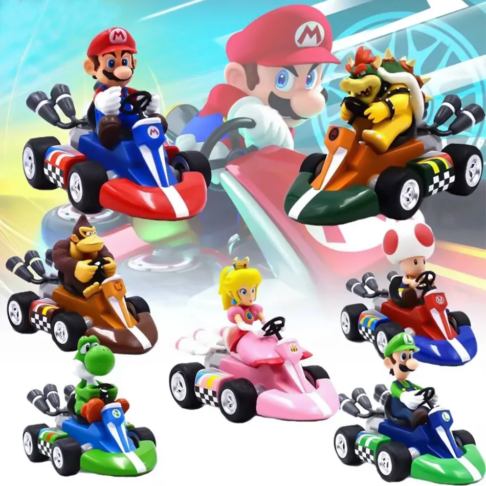 Juego de Anime Super Mario Bros Karting Luigi Bowser princesa melocotón Yoshi Toad figuras de acción de juguete tirar hacia atrás regalos de coche para niños