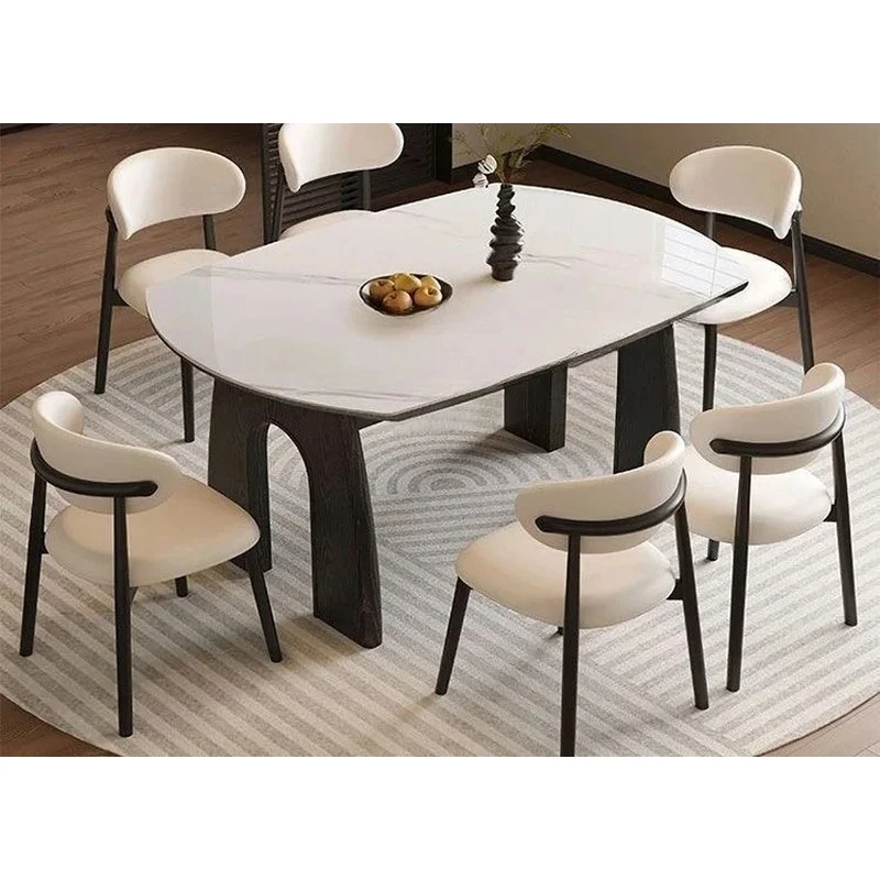 Factory Hot Sales Customizable French Retro Style Retractable Round Rock Slab Dining Table And Chairs Small Apartment Restaurant