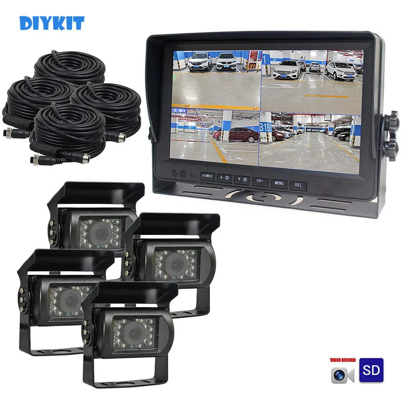 DIYKIT 9inch AHD IPS 4 Split QUAD Car HD Monitor 960P AHD Night Vision Rear View LED Camera Waterproof Recording