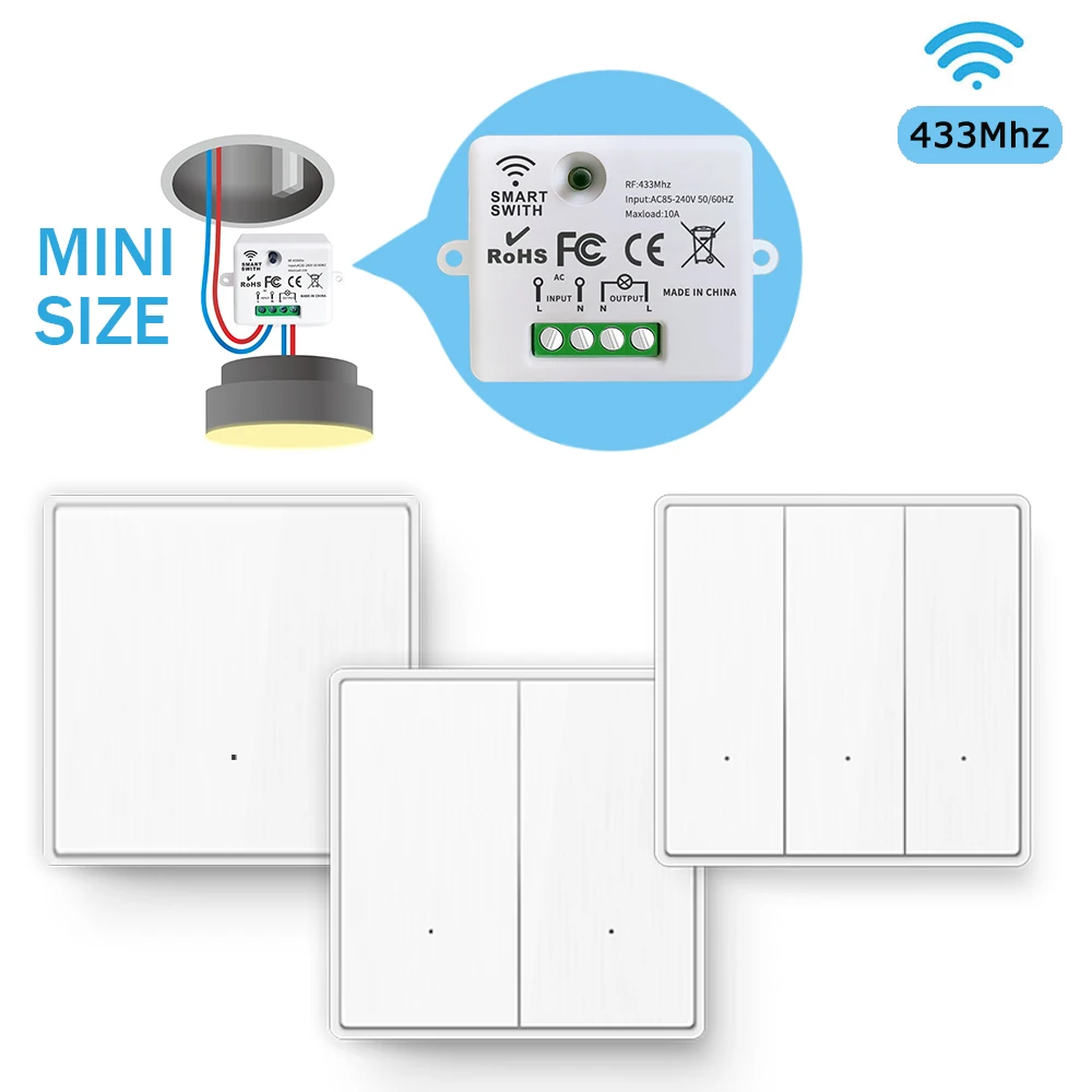 LEDランプ付きワイヤレススマートスイッチ,433MHz,タッチコントロールとプッシュボタン付き,10A,110V,220V