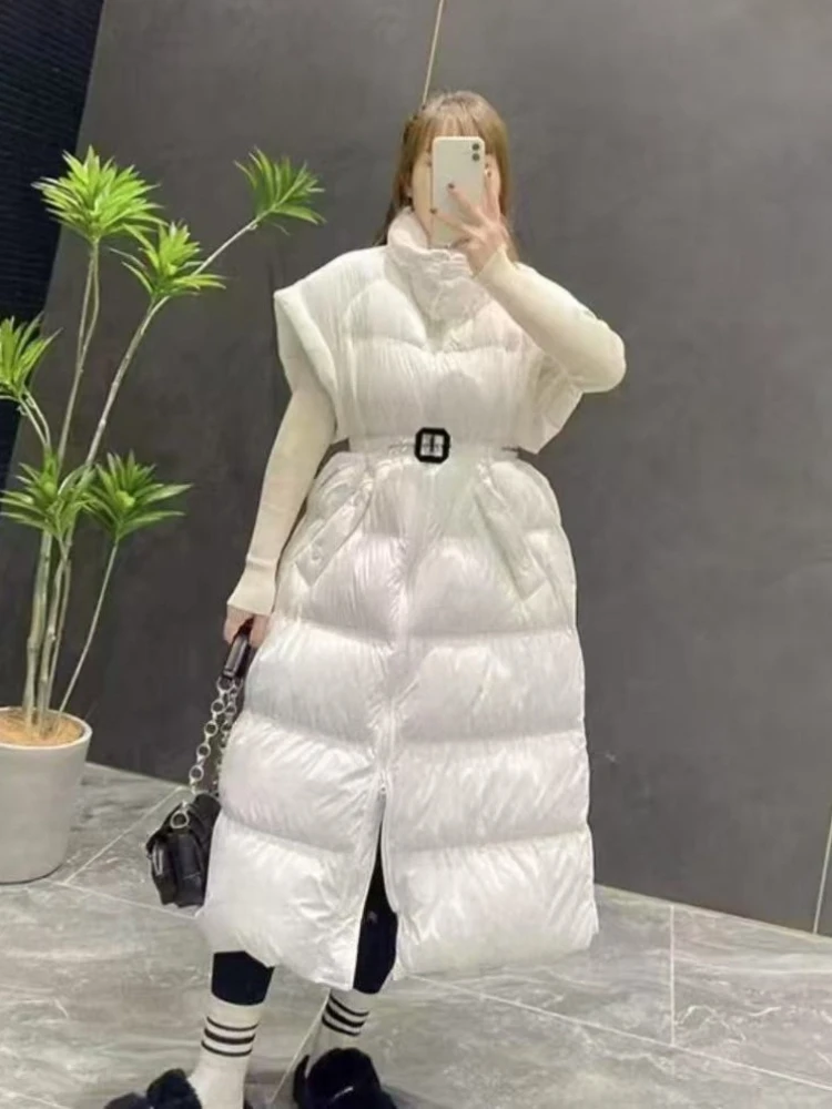 타이트 웨이스트 롱 덕다운 베스트 코트 여성 패션 두꺼운 스탠드 칼라 따뜻한 재킷 슬리브리스 베스트 푸퍼 코트 여성 트렌디
