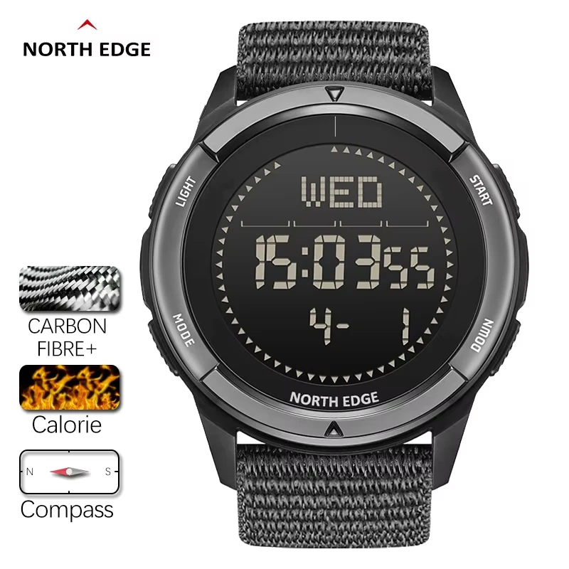 

NORTH EDGE APLS Men's Digital Carbon fiber Watch Shock Militraly Sports Super Light Outdoor Compass Waterproof 50M Wristwatches