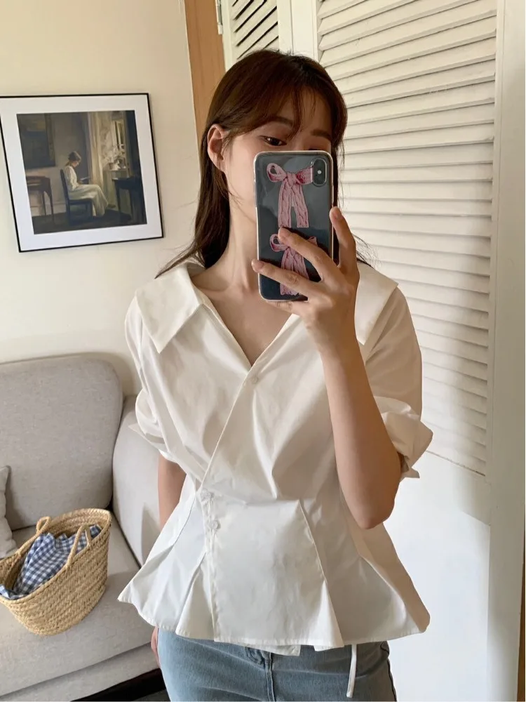 Ele V-ne ort-sved irt ผู้หญิง Faion Design Sensation Slim-fit ปุ่มด้านบนปิดด้านข้าง Bule เอว cinching