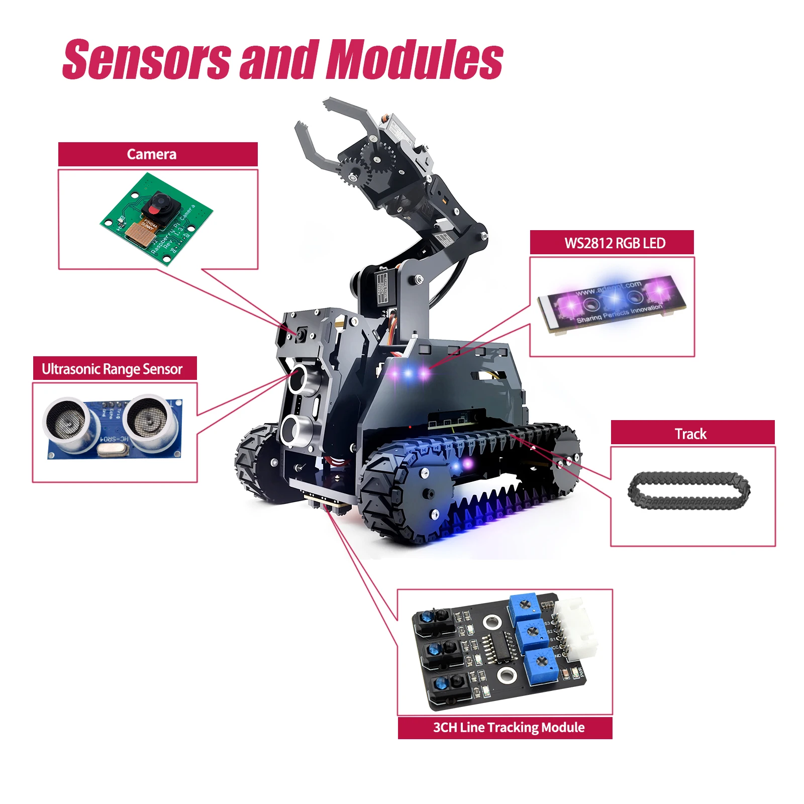 Автомобильный комплект Adeept RaspTank Smart Robot для Raspberry Pi 4/3B/3B+ (плата в комплект не входит)