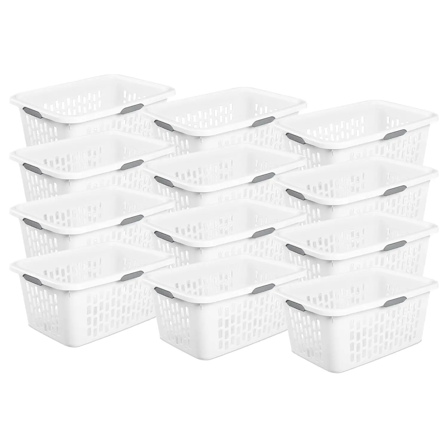 12 Pack Rectangular Plastic Laundry Baskets, 2 Bushel White Clothes Hampers, Ventilated Open-Top Storage Bins with 4 Handles