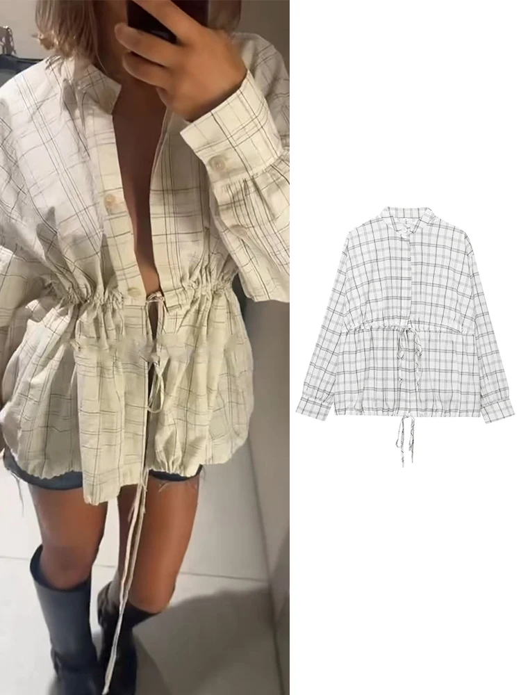 

TFMLN Autumn Women's Plaid Oversize Shirt Medium-Length Style Single Breasted Drawstring Stand Collar Shirt Casual Streetwear