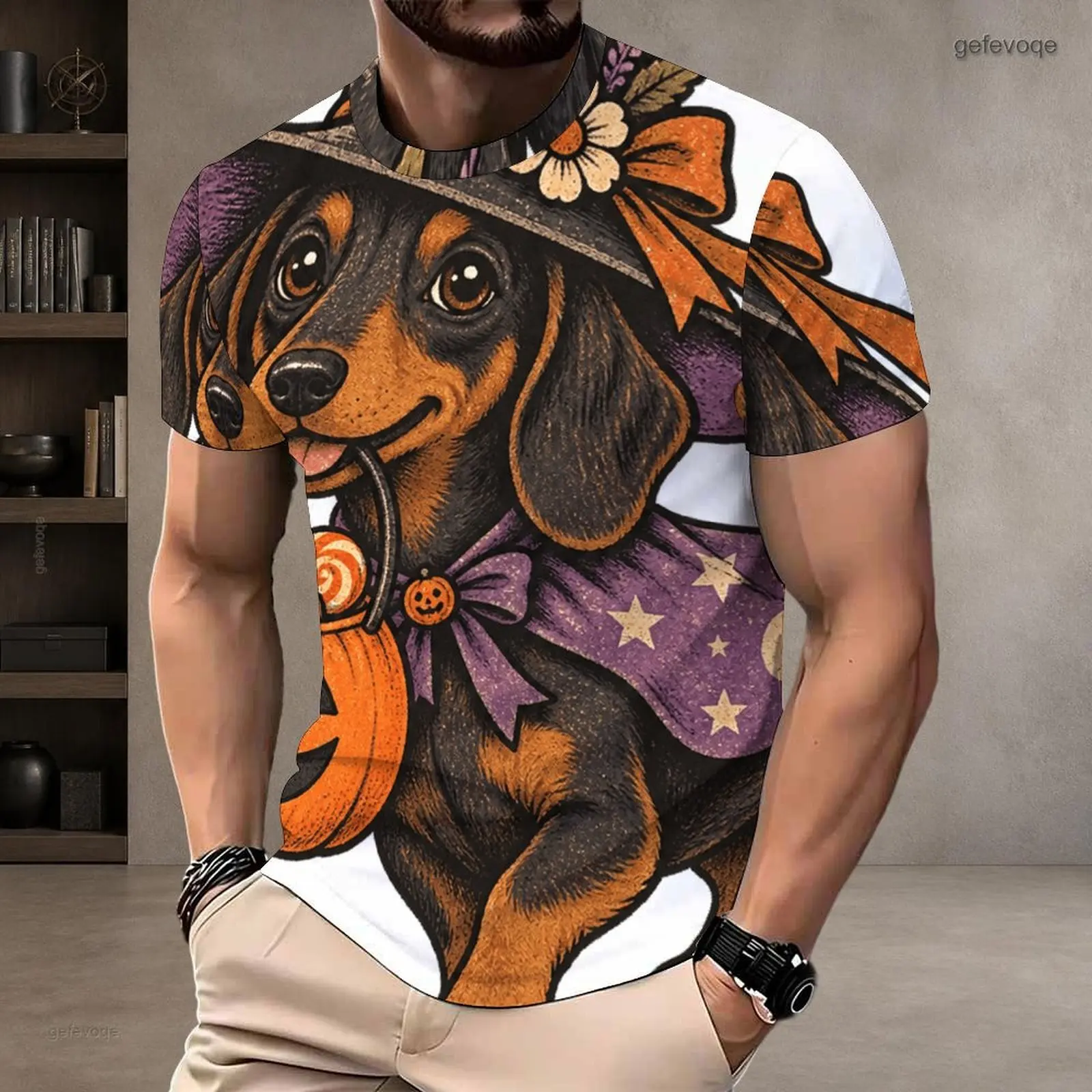 Men's Round Neck Short Sleeve T-Shirt, Printed Halloween Witch Dachshund Pattern