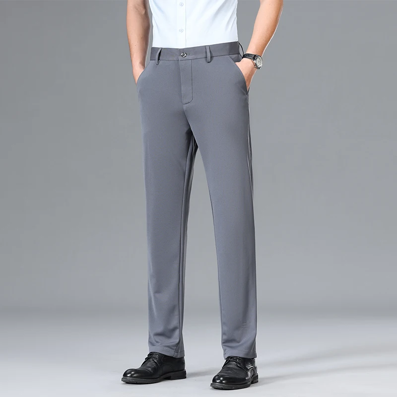 Stylish Straight Basic Trousers Solid Color Elastic Spring Summer Thin Mid Waist Fashion Button Men\'s Business Casual Suit Pants