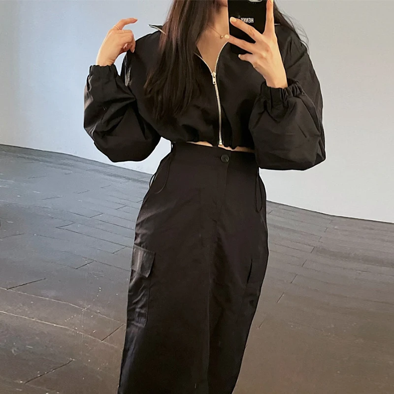 Conjunto de falda y chaqueta corta con cuello levdo para mujer, ropa de trabajo de cintura alta, estilo coreano, Vint...