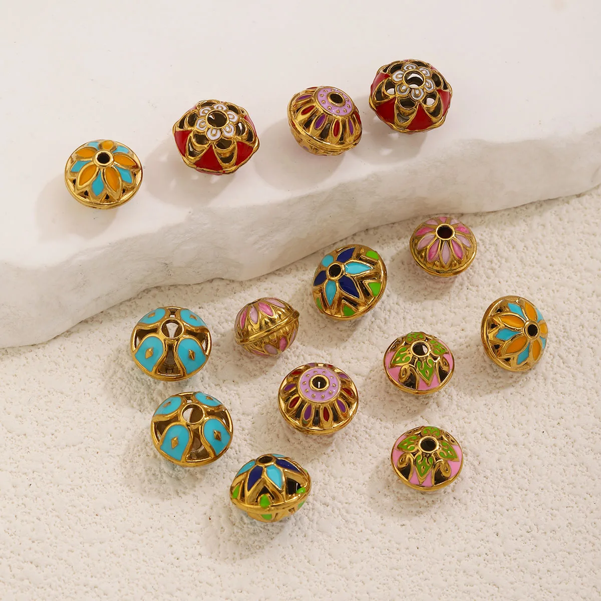 5PCS Stainless Steel Enamel Spacer Beads PVD Gold Mixed Floral Pattern DIY Jewelry Making for Bracelet Necklace Craft Supplies view 3