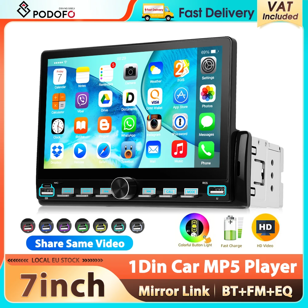 Podofo 1Din MP5-Player 7'' Touchscreen Autoradio mit Mirror Link, Bluetooth, Multimedia-Player, FM, EQ-Sound, SWC, USB Typ-C Anschluss, Auto-Audio