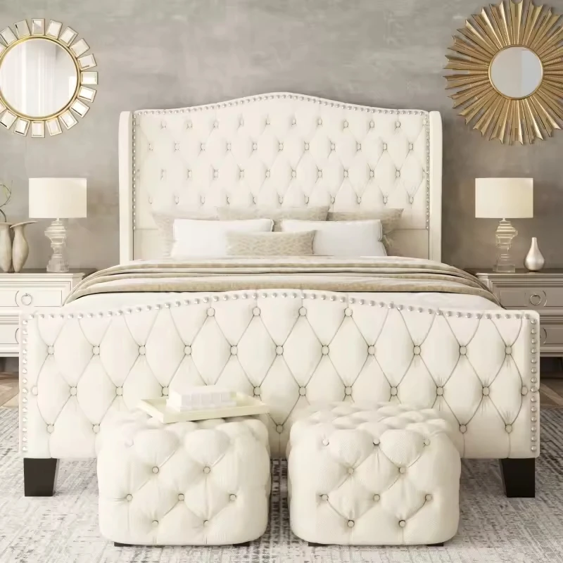

!@Athome Elps Cream Modern Soft Luxury Fabric Platform Up-Holstered Bed Frame with High Headboard and Turkey Origin