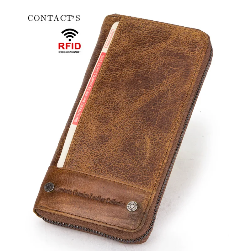 

CONTACT'S Genuine Leather Unisex Wallet Rfid Phone Bag Coin Pocket Purse Male Clutch Wallets Retro Crazy Horse Skin Card holder