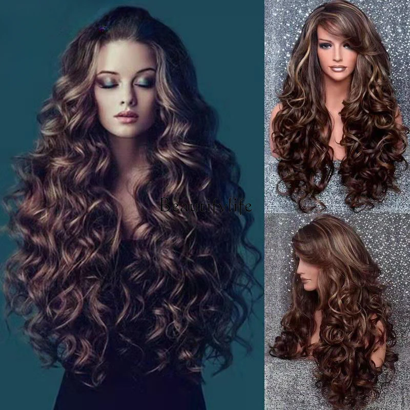 Long curly synthetic fluffy brown wig air bangs