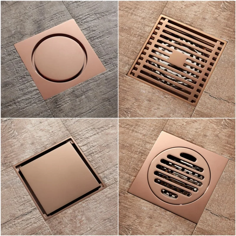 

Rose Gold Bathroom Drain Stopper 10cm Brass Square Shower Floor Drain Anti-Odor Bathtub Waste Drainer Toilet Drainage