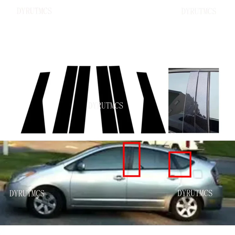 

6 шт., глянцевая черная стойка, серебристый карбон, подходит для Toyota Prius 20 XW20 2004-2009, наклейка на дверь, накладка на окно