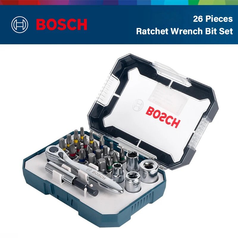 ‌ Juego de puntas de destornillador Bosch de 26 piezas con destornillador eléctrico y mini llave de trinquete
