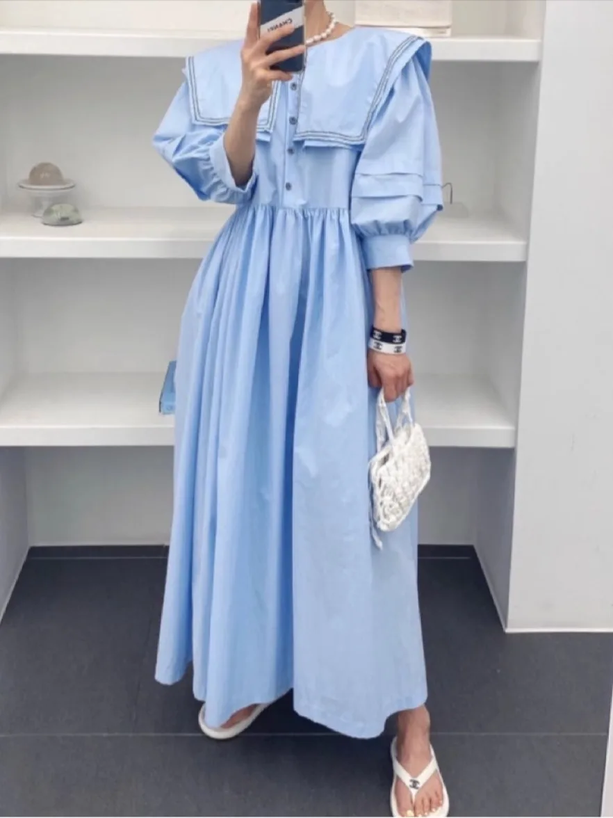 

Elegant Summer Blue Double Layer Navy Collar Lantern Sleeve Maxi Dress Women's Soft Cotton Single Button Embellished Dress