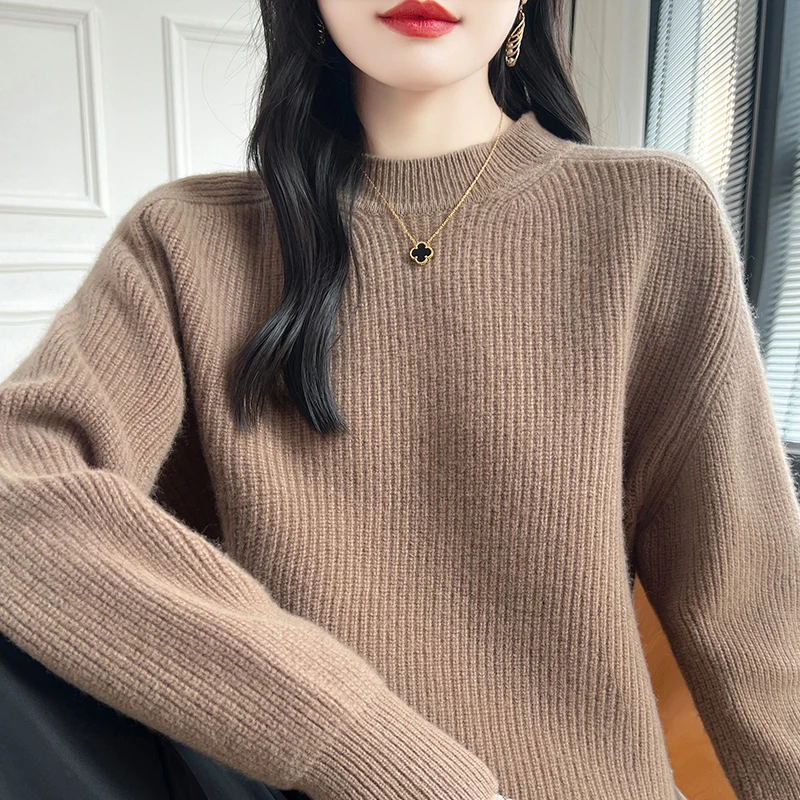 Autumn and winter new women's sweater 100% Merino wool sweater long sleeved pullover cashmere O-neck thick solid color loose top