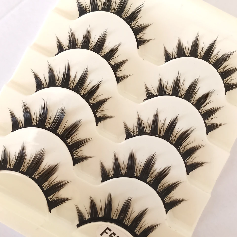 Naturales largas para cosplay, tiras cruzadas de pestañas postizas negras y ojo de gato, 5 pares 2