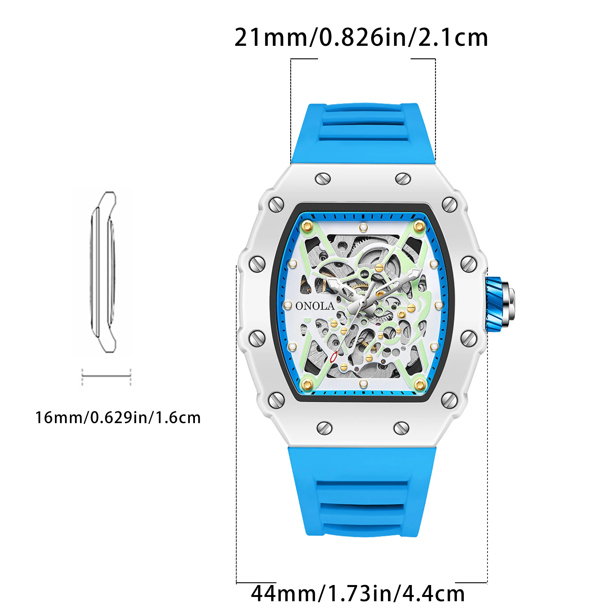 Fashion ONOLA Automatic Men Watches Luminous Mechanical Reloj Tonneau Mille Blue Silicone Strap Waterproof Man Wristwatches 2024