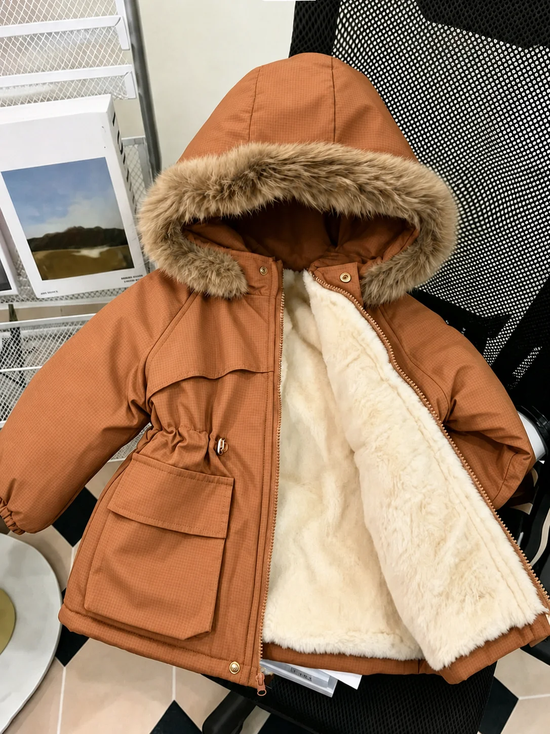 Hooded Drawstring Waist Cinched Parka Coat – Long Sleeve Zip Front Outerwear with Adjustable Fit Baby Girl Clothes