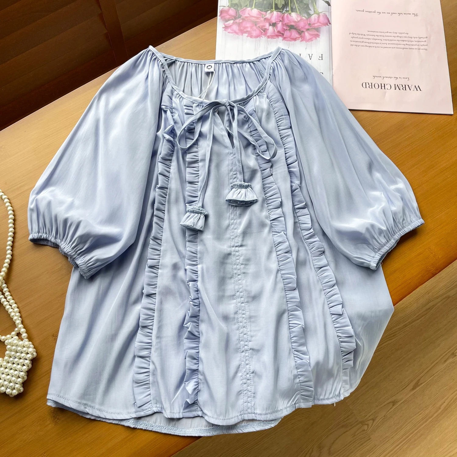 

Clothland Women Elegant Ruffled Blouse Candy Color Bow Tie Puff Sleeve Loose Style Shirt Cute Casual Tops Blusa Mujer DA549