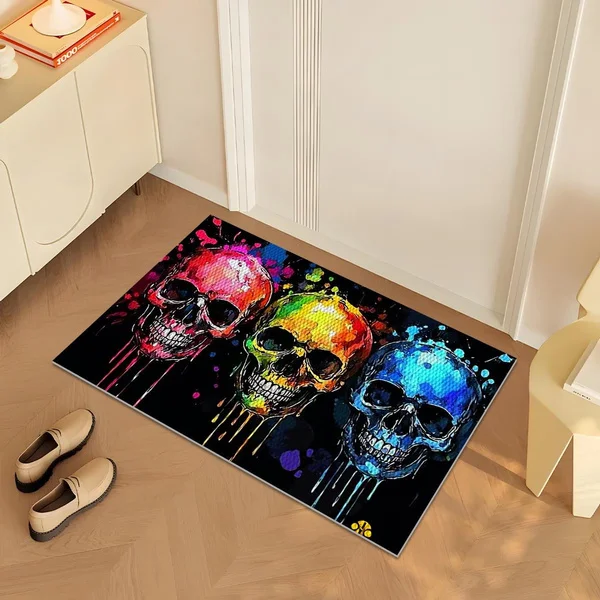 Colorful Skull Art Rug Vibrant Paint Splatter Design Non Slip Floor Mat for Home Decor