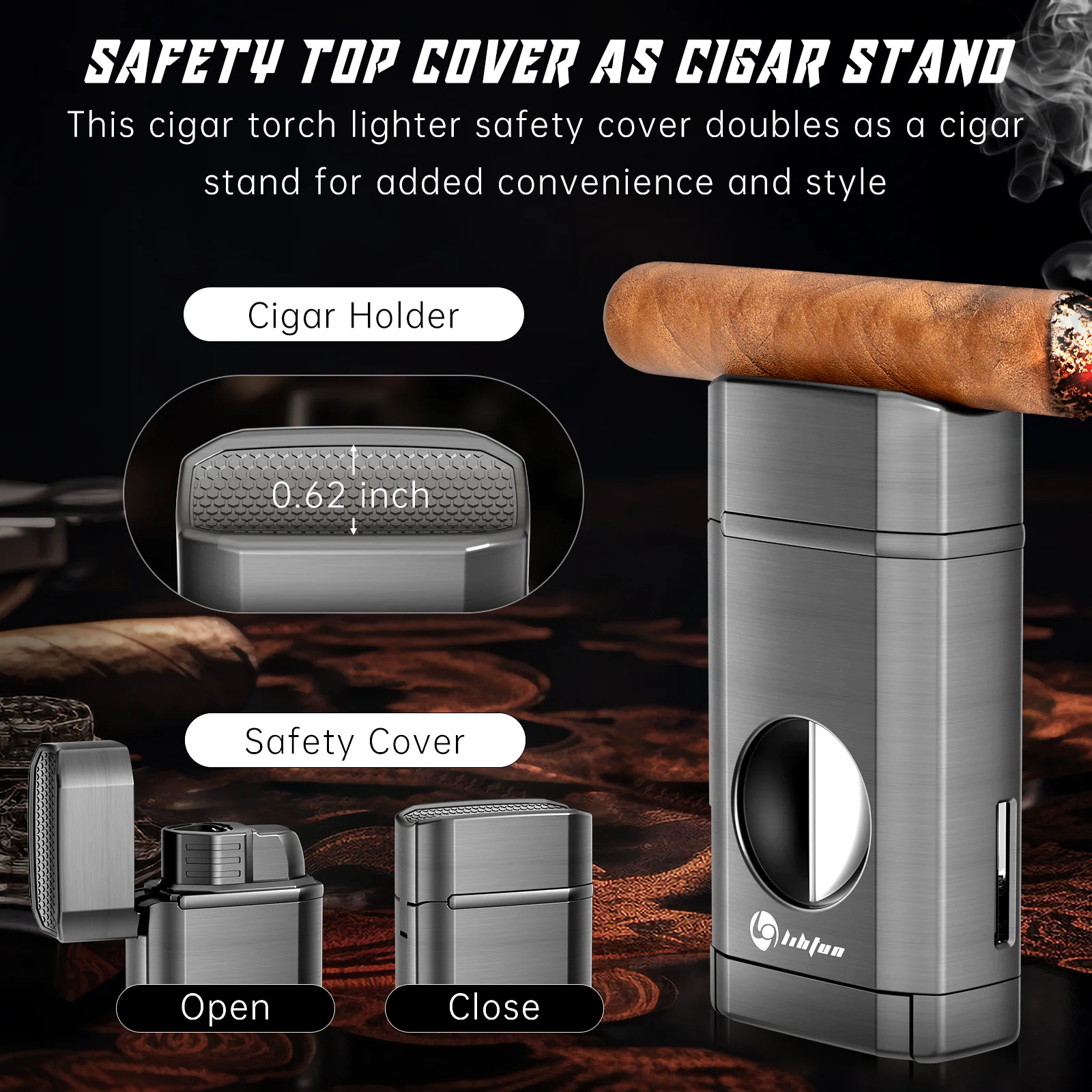 Cigar Lighter,Multi-Function Torch Lighter Built-in Cigar Holder&One-Touch Cutter V Cut, 3 Jet Flame Butane Lighters Accessories